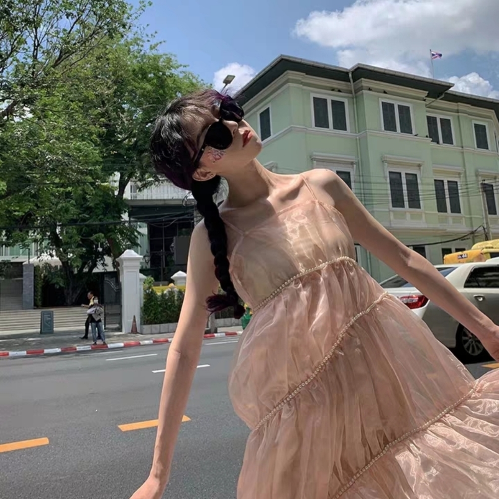 summer pink pearl party dress